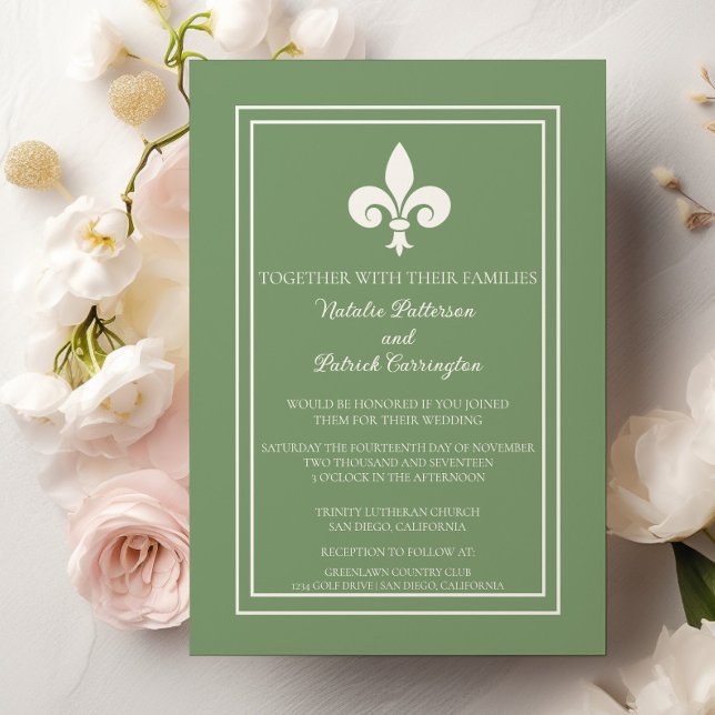 Moss Green Fleur de Lis Faire-part de mariage (Moss Green Fleur de Lis Wedding Invitation)