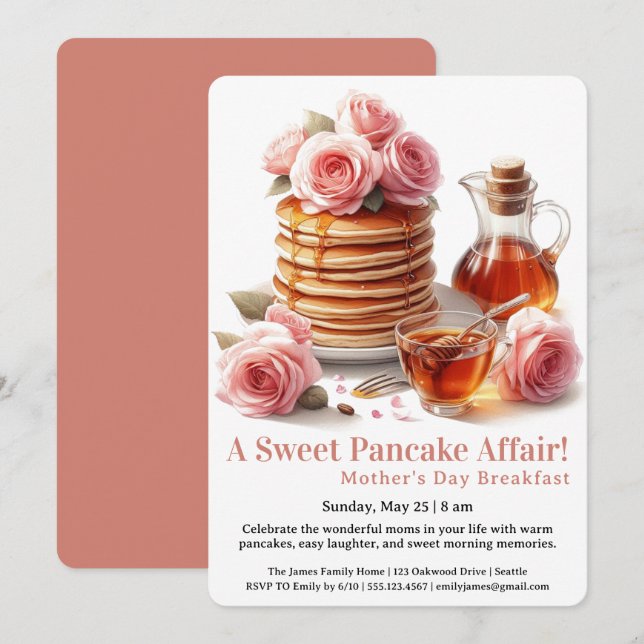 Mother’s Day Breakfast Invitation – Pancakes Roses (Devant / Derrière)