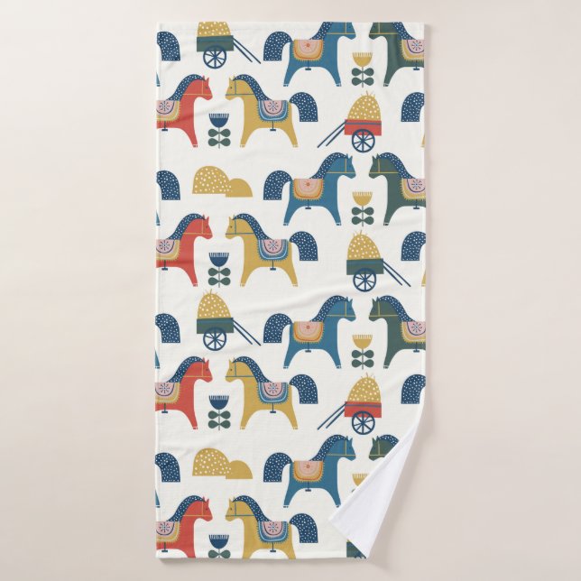 Motif à cheval inspiré de l'art scandinave.  (Serviette de bain)