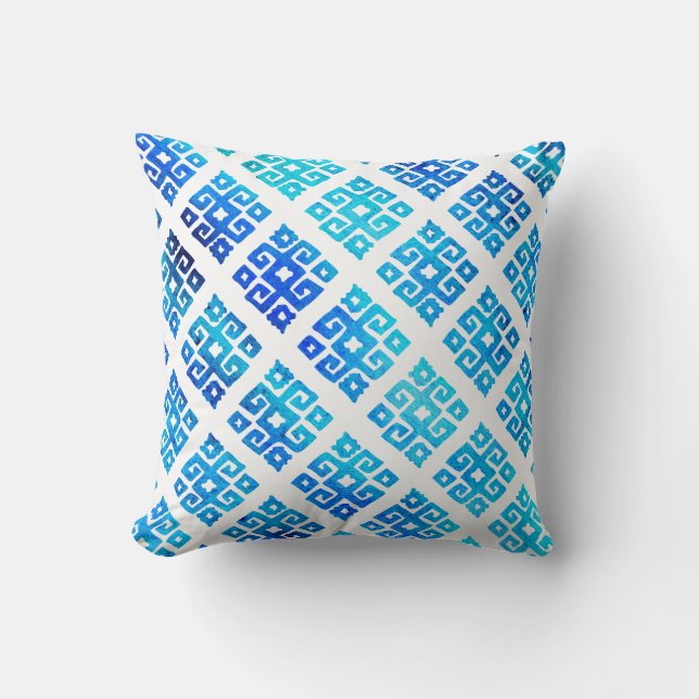 Motif à clé tribal peint aqua blanc coussin (Recto)