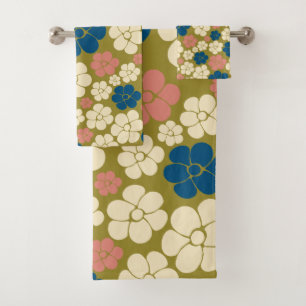 Motif à fleurs - Bleu, Vert olive, Rose et Crème