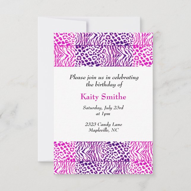 Motif animal rose et pourpre Invitation d'annivers (Devant)