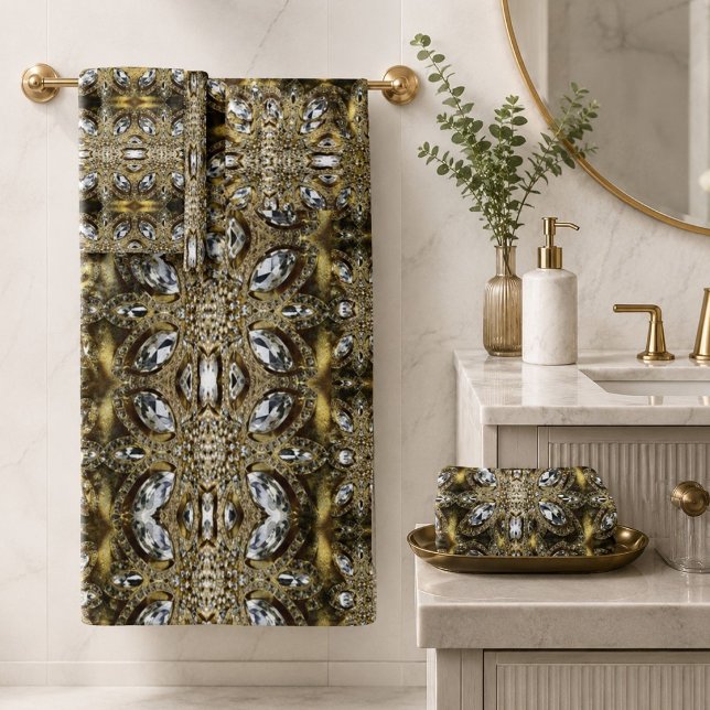 motif art déco gris argent or et noir (grey silver gold and black art deco pattern bath towel set)