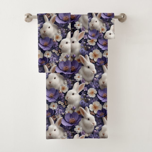 Motif aux lapins blancs et fleurs violettes (En situation)
