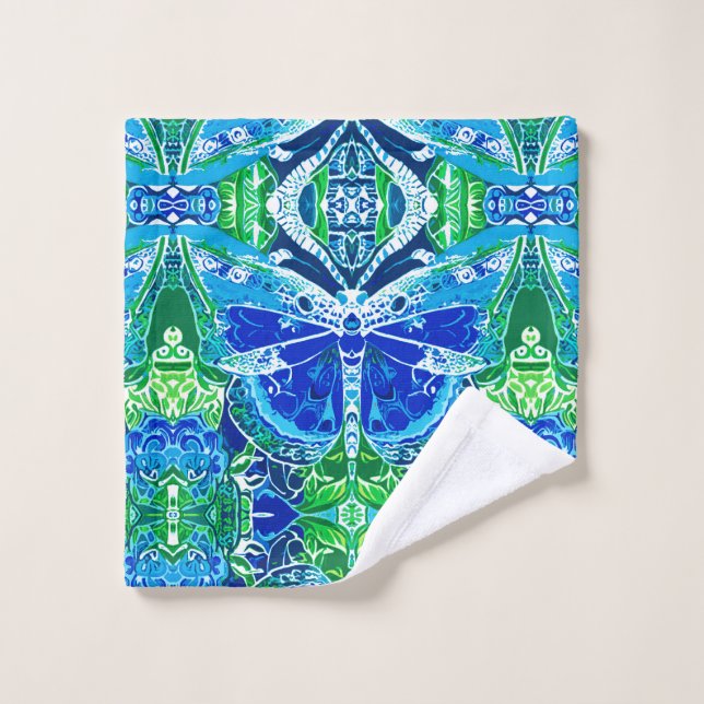 Motif Batik de papillon et de médaillon en bleu (Gant de toilette)