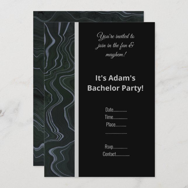 MOTIF BLACK BLUE MARBLE BACHELOR PARTY INVITATION (Devant / Derrière)