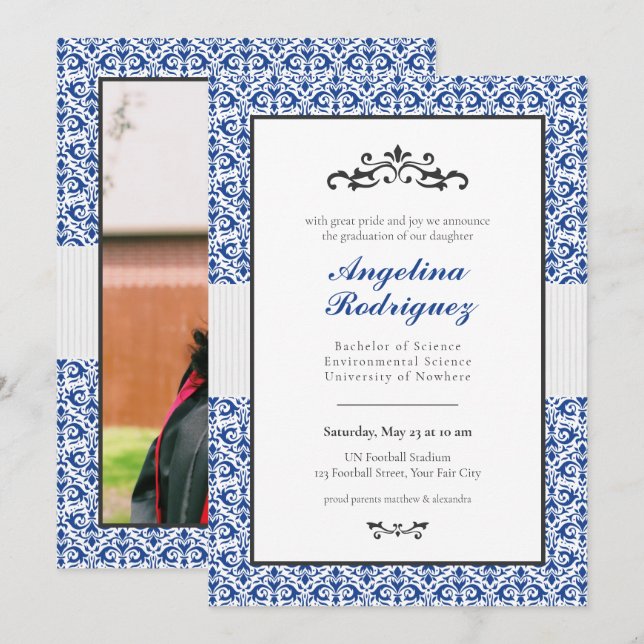 Motif bleu Damask Photo Graduation Invitation (Devant / Derrière)