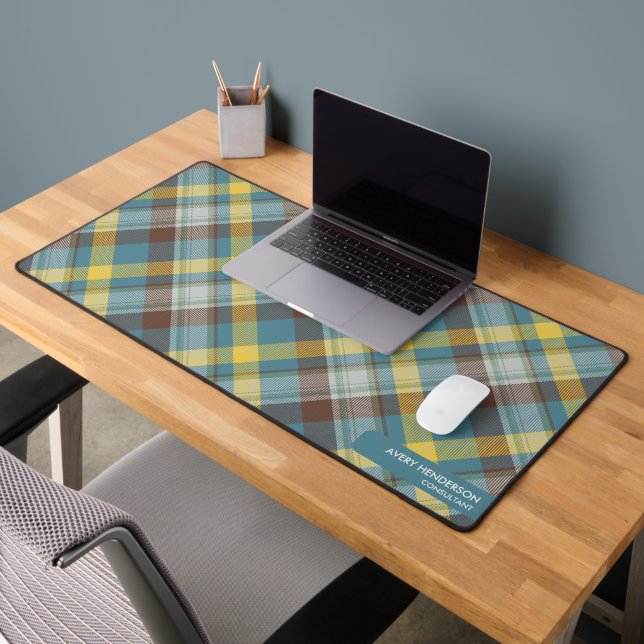 Motif bleu Plaid Nom personnalisé Monogramme Texte (Bureau 2)
