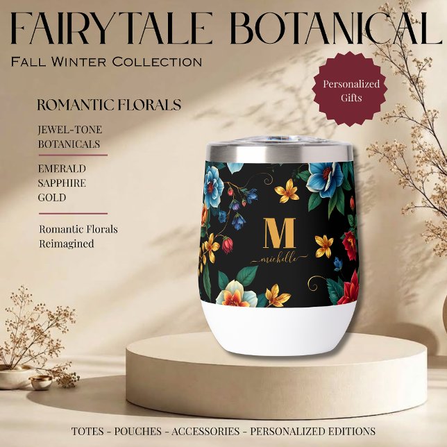 Motif botanique de conte de fées en monogramme scr (Fairytale Botanical Pattern Monogram Script Florals with Vines Jewel Tones Emerald Sapphire Gold )