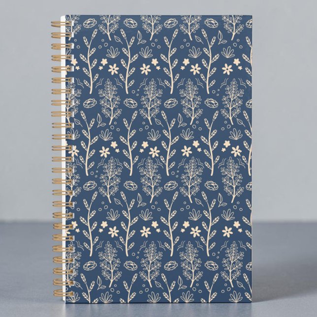 Motif botanique de feuillage automnal bleu (A navy blue planner notebook in boho botanical sprigs of nature in a light cream.)