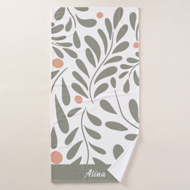 Motif botanique Sage vert feuille nom personnalisé (Serviette de bain)