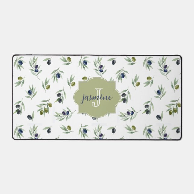 Motif chic aquarelle Monogramme Nom Vert Olive (Recto)