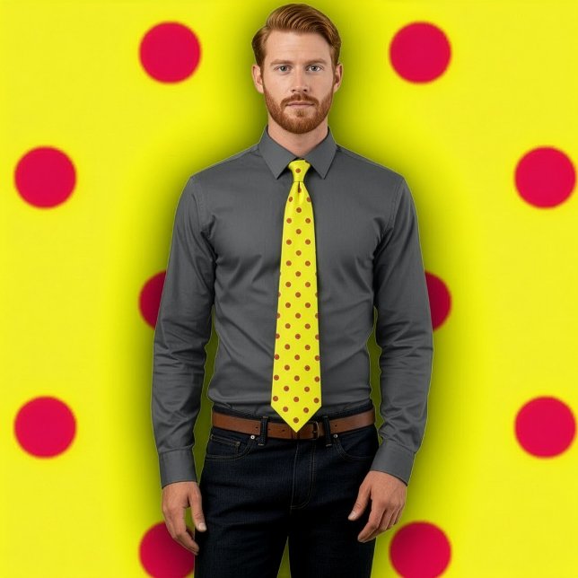 Motif classique à points polka rouges sur Cravate  (Man wears a yellow tie with red polka dots. Background matches the pattern on tie.)