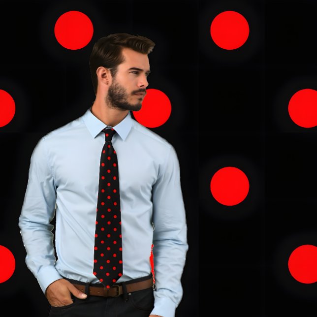 Motif classique à points Polka rouges sur Cravate  (Man wears a Classic Red Polka Dot Pattern on Black Tie. Background matches tie pattern.)