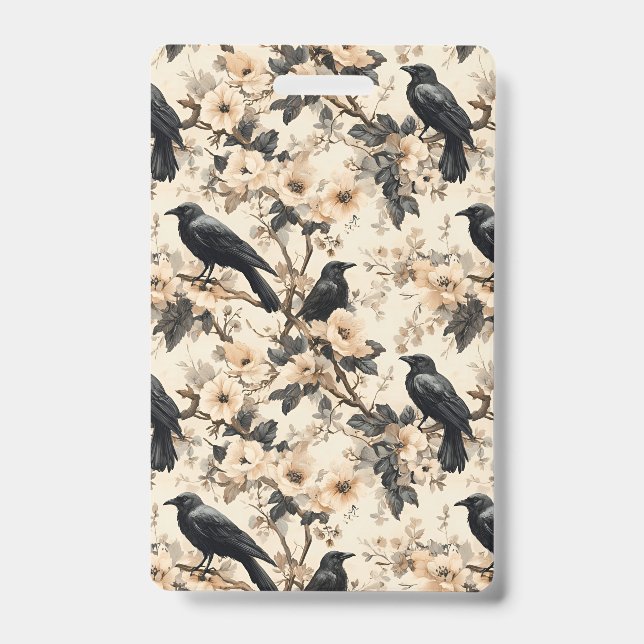 Motif corbeau corneille fleurs arbres Badge (Avant)
