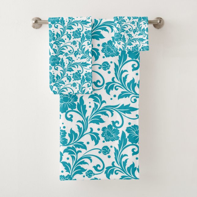 Motif damassé floral turquoise et blanc (En situation)