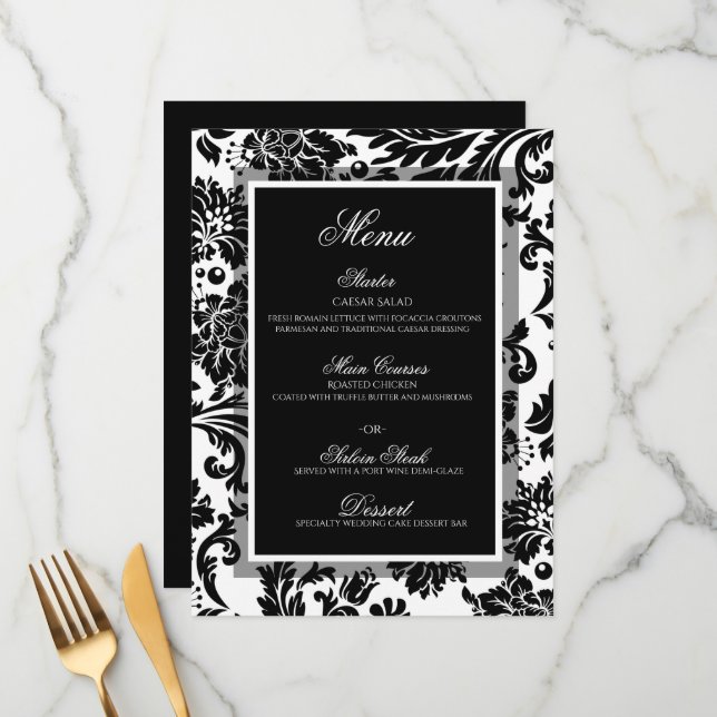 Motif damassé noir et blanc menu plat mariage (Devant/Arrière en situation)