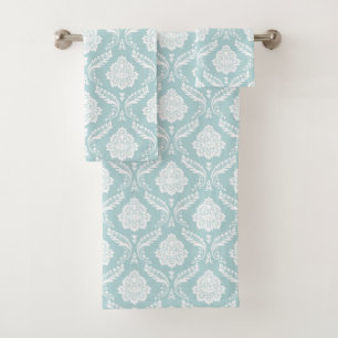 Motif Damassé Rococo Blanc sur Bleu Canard