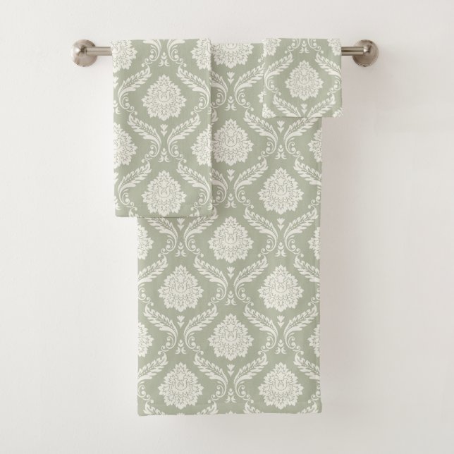 Motif Damassé Rococo Crème sur Fond Vert (En situation)