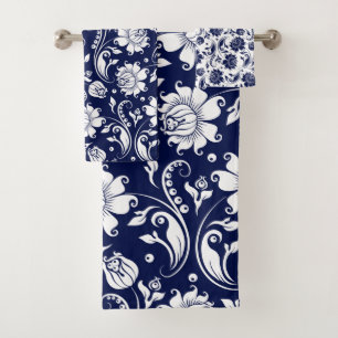 Motif damassé vintage blanc et bleu marine