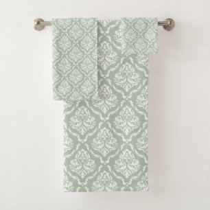 Motif damassé vintage vert sauge blanc