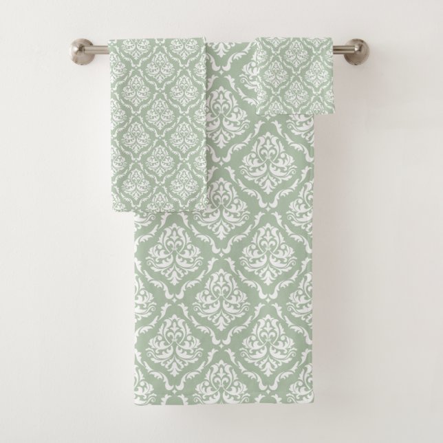 Motif damassé vintage vert sauge blanc (En situation)