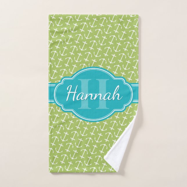 Motif d'Ancre blanc vert Turquoise Monogramme (Serviette à main)