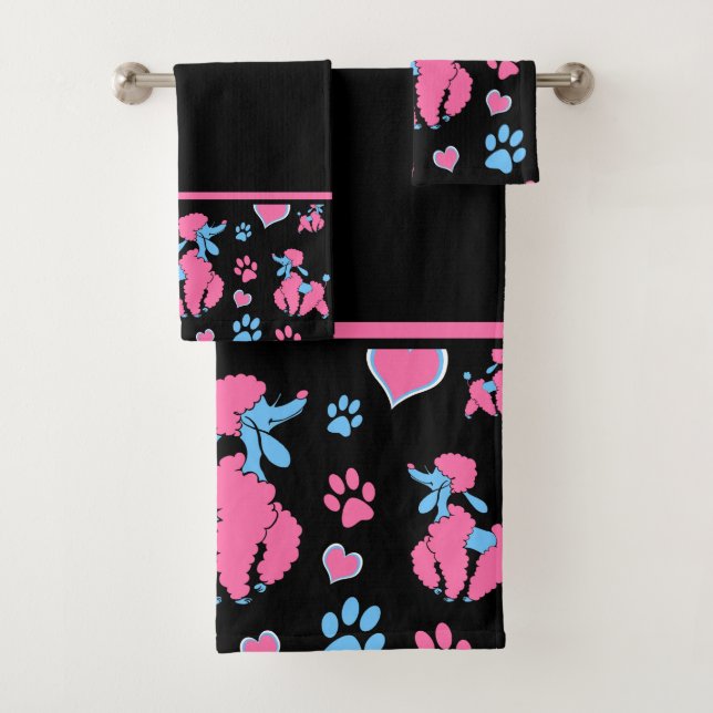 Motif de caniche rose et bleu sur fond noir (En situation)
