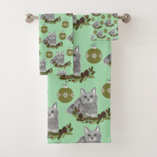 Motif de chat gris avec ornements verts