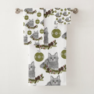 Motif de chat gris avec ornements verts en blanc