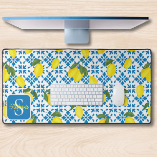 Motif de citron de carreau français bleu nom monog