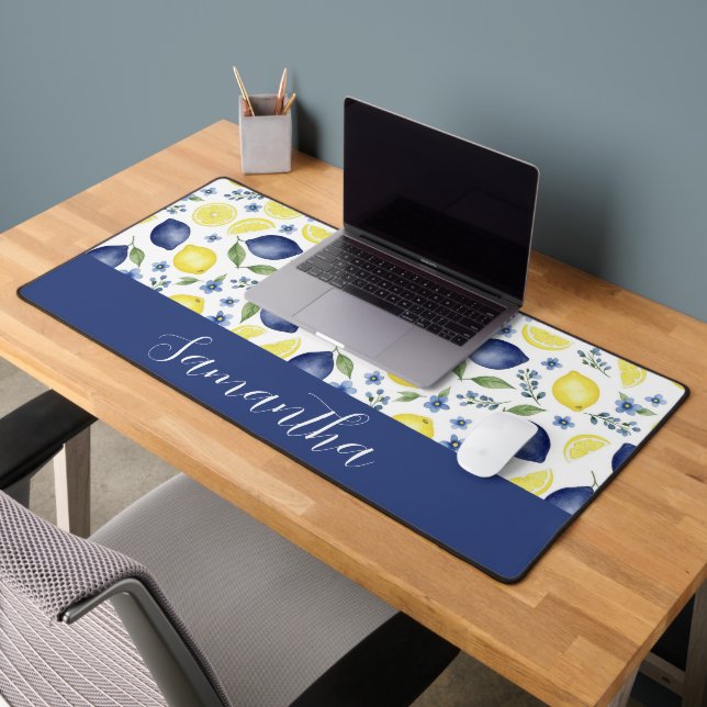 Motif de citron de pays français bleu avec monogra (Bureau 2)