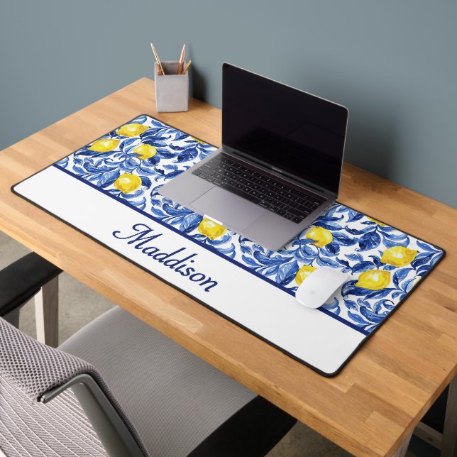 Motif de citron en aquarelle bleue Monogramme Nom (Bureau 2)