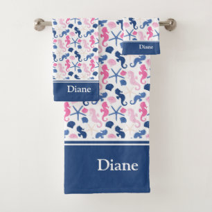 Motif de coquillages bleu et rose avec nom