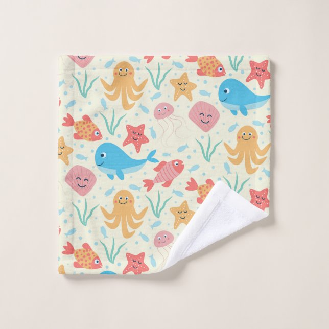 Motif de créatures marines drôles sous la mer  (Gant de toilette)