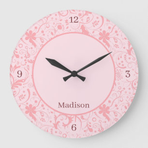 Motif de Damas Floral rose Grande horloge