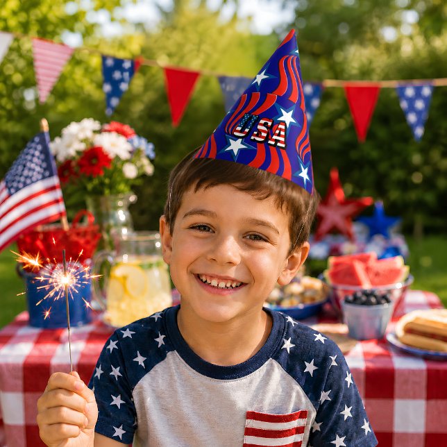 Motif de drapeau abstrait avec chapeau de fête tex (Abstract Flag Pattern with USA Text Party Hat)