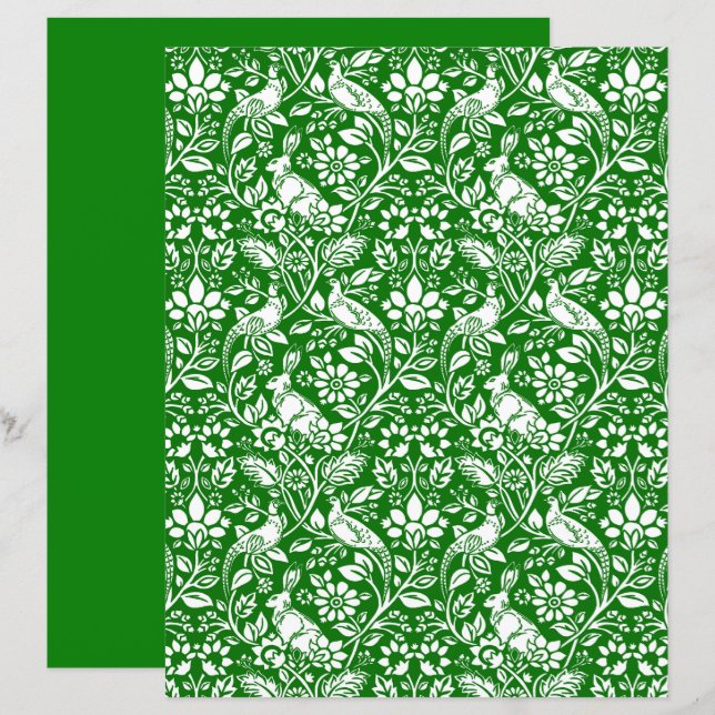 Motif de faisan et lièvre, vert émeraude et blanc (Devant / Derrière)