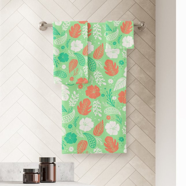 Motif de feuillage vert et orange (Green & Orange Hibiscus and Paisley Pattern Bath Towel Set)