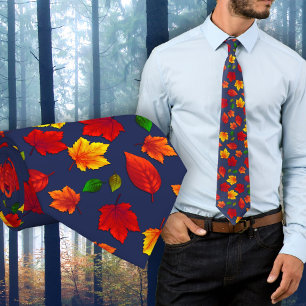 Motif de feuilles d'automne cravate bleu foncé