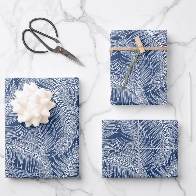 Motif de feuilles de palmier tropical bleu blanc (Recto)