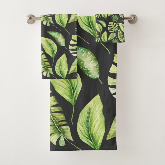 Motif de feuilles tropicales vertes sur fond noir  (En situation)