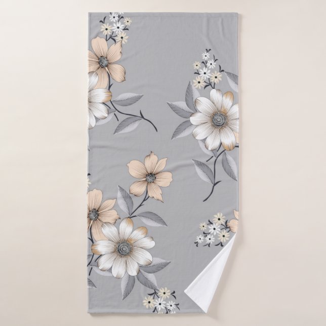 motif de fleurs grises et blanches sur fond gris (Serviette de bain)