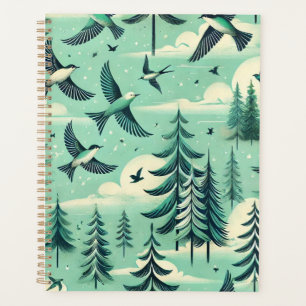 Motif de forêt et d'oiseaux vert sarcelle