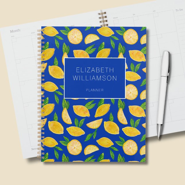 Motif de fruit d'été au citron (Citrus lemon personalized blue planner)