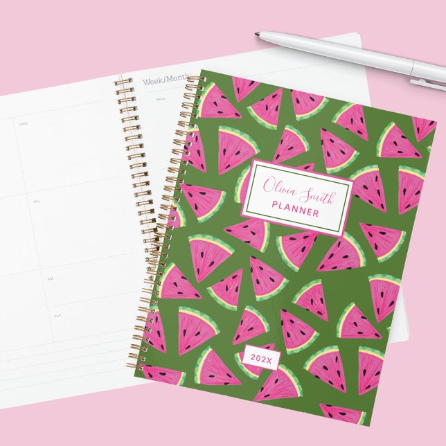 Motif de fruit d'été pastèque (Green and pink tropical fruit watermelon planner with custom text. Perfect for family organisation)