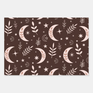 Motif de lune bohème avec feuilles et étoiles