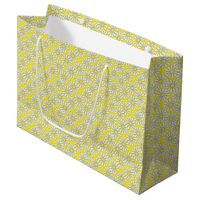 Motif de marguerite blanche sur le grand sac jaune (Devant Angle)