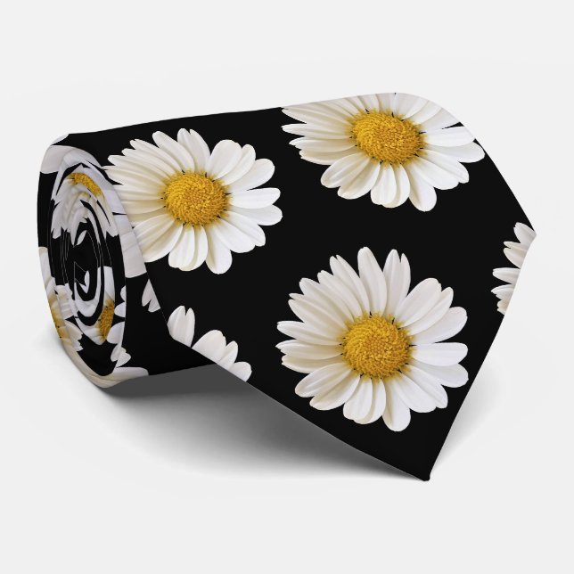 Motif de marguerites blanches sur Cravate noir (Roulé)