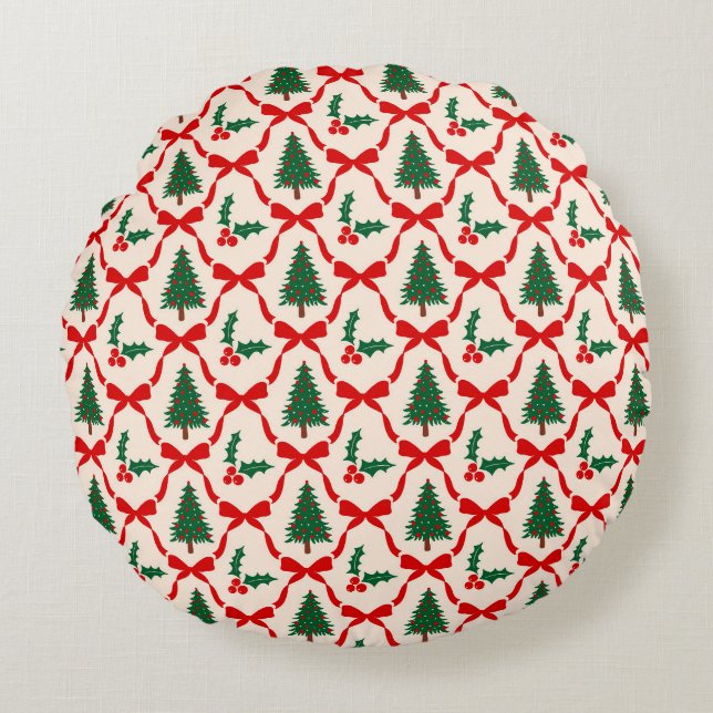 Motif de Noël Arbre et Bow Coussin rond (Devant)